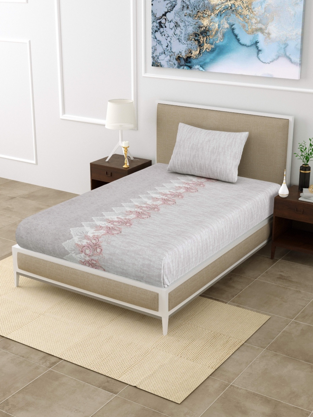 

MAFATLAL Pink & White Floral 186 TC Single Bedsheet with 1 Pillow Covers