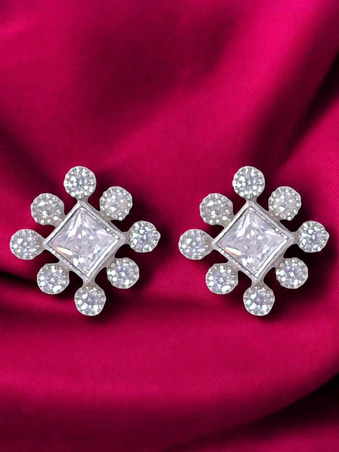 

Taraash 925 Sterling Silver-Plated CZ Studded Square Shaped Studs