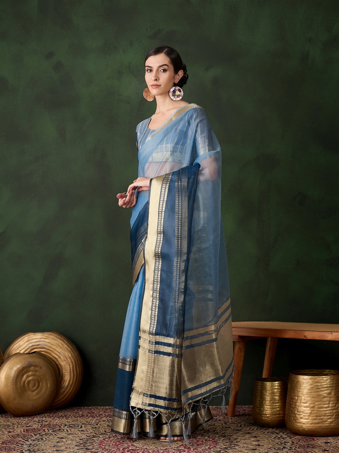 

KALINI Zari Organza Kanjeevaram Saree, Blue