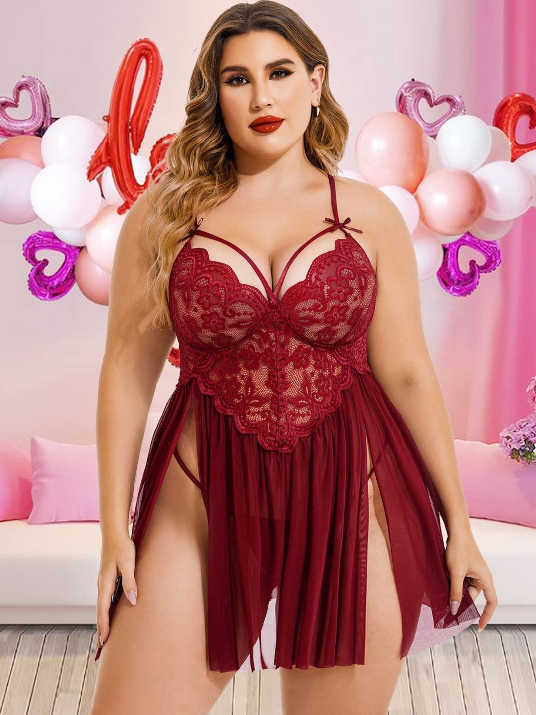 

CareDone Women Self Design Plus Size Baby Doll, Maroon