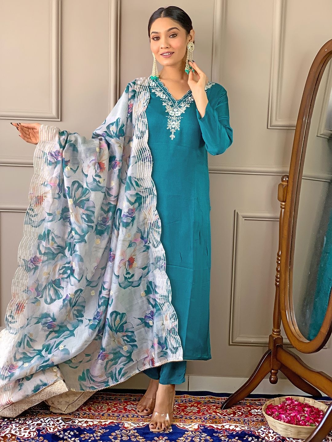 

KALINI Floral Embroidered V-Neck Straight Kurta With Trouser And Dupatta, Turquoise blue