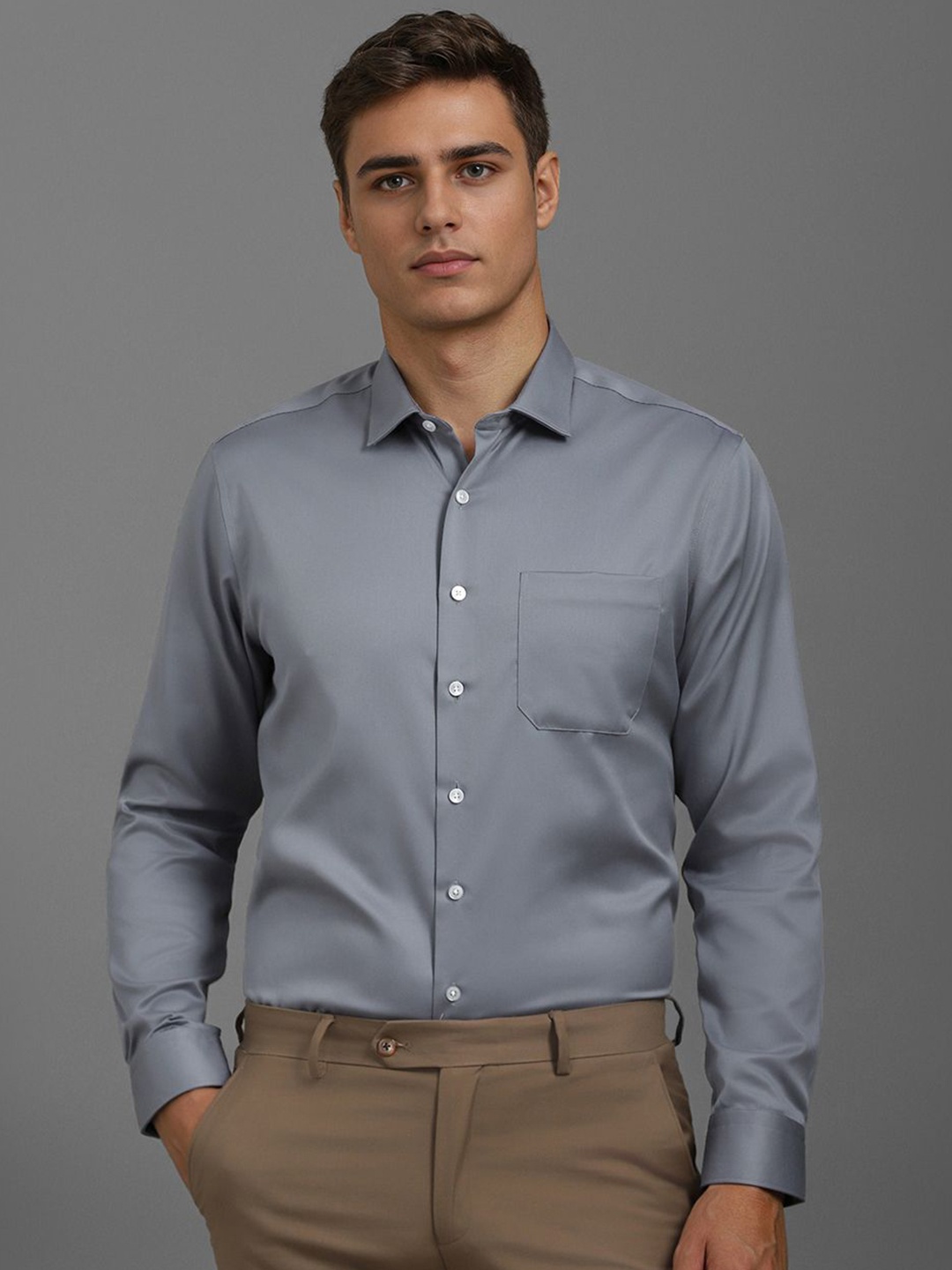 

Louis Philippe Men Slim Fit Spread Collar Solid Cotton Formal Shirt, Grey