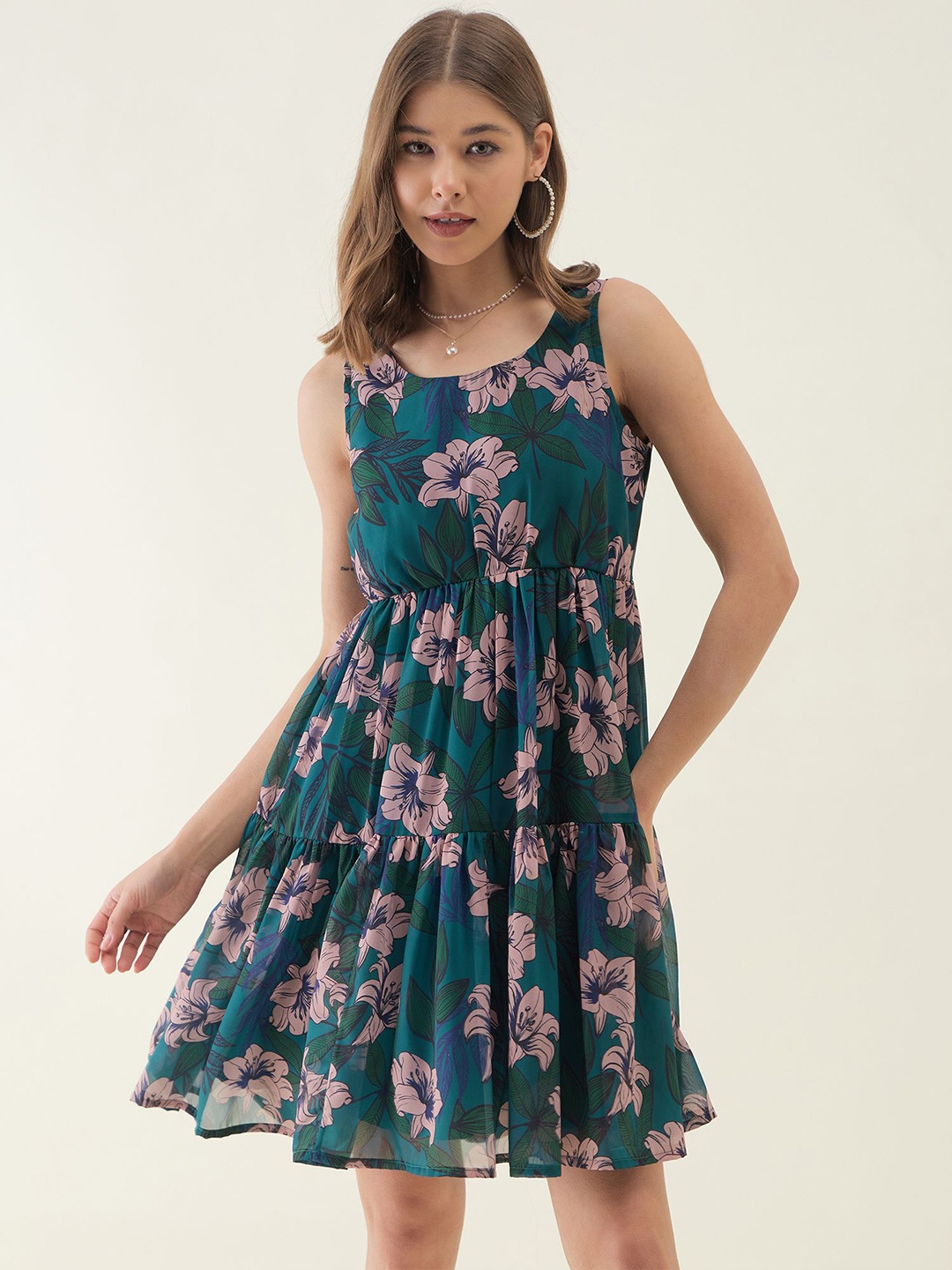 

OCTICS Floral Print Georgette Fit & Flare Mini Dress, Blue