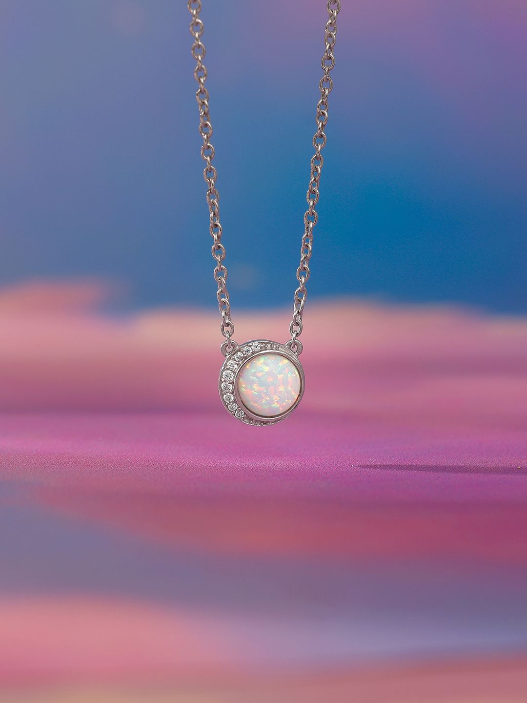 

GIVA 925 Sterling Silver Rhodium-Plated Cubic Zirconia Studded Opal Moon Chain