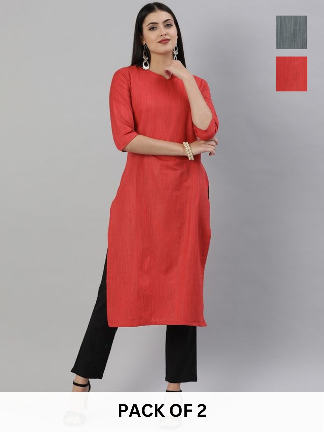 

KALINI Selection Of 2 Woven Round Neck Straight Kurtas, Red