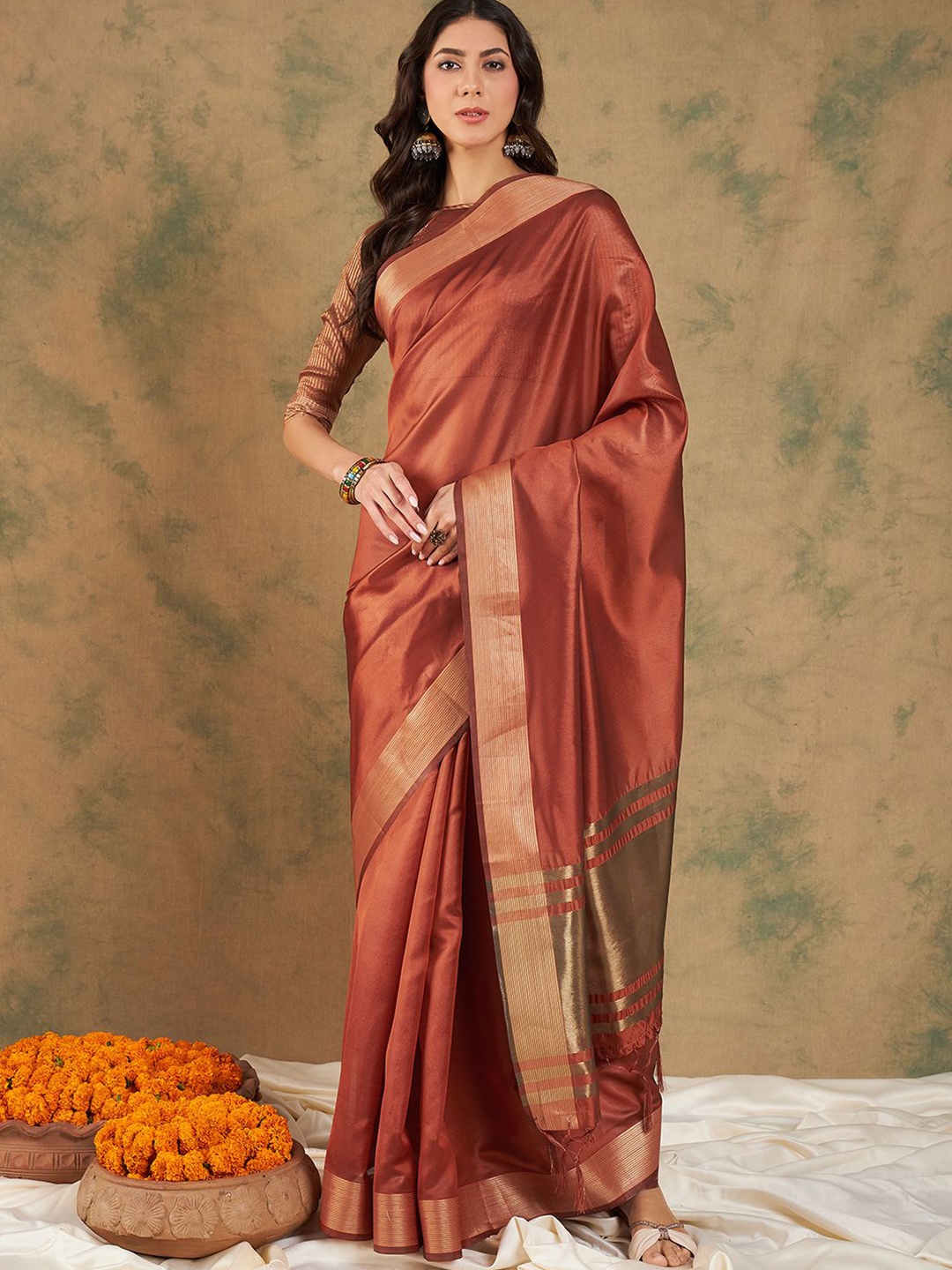 

KALINI Zari Organza Kanjeevaram Saree, Rust