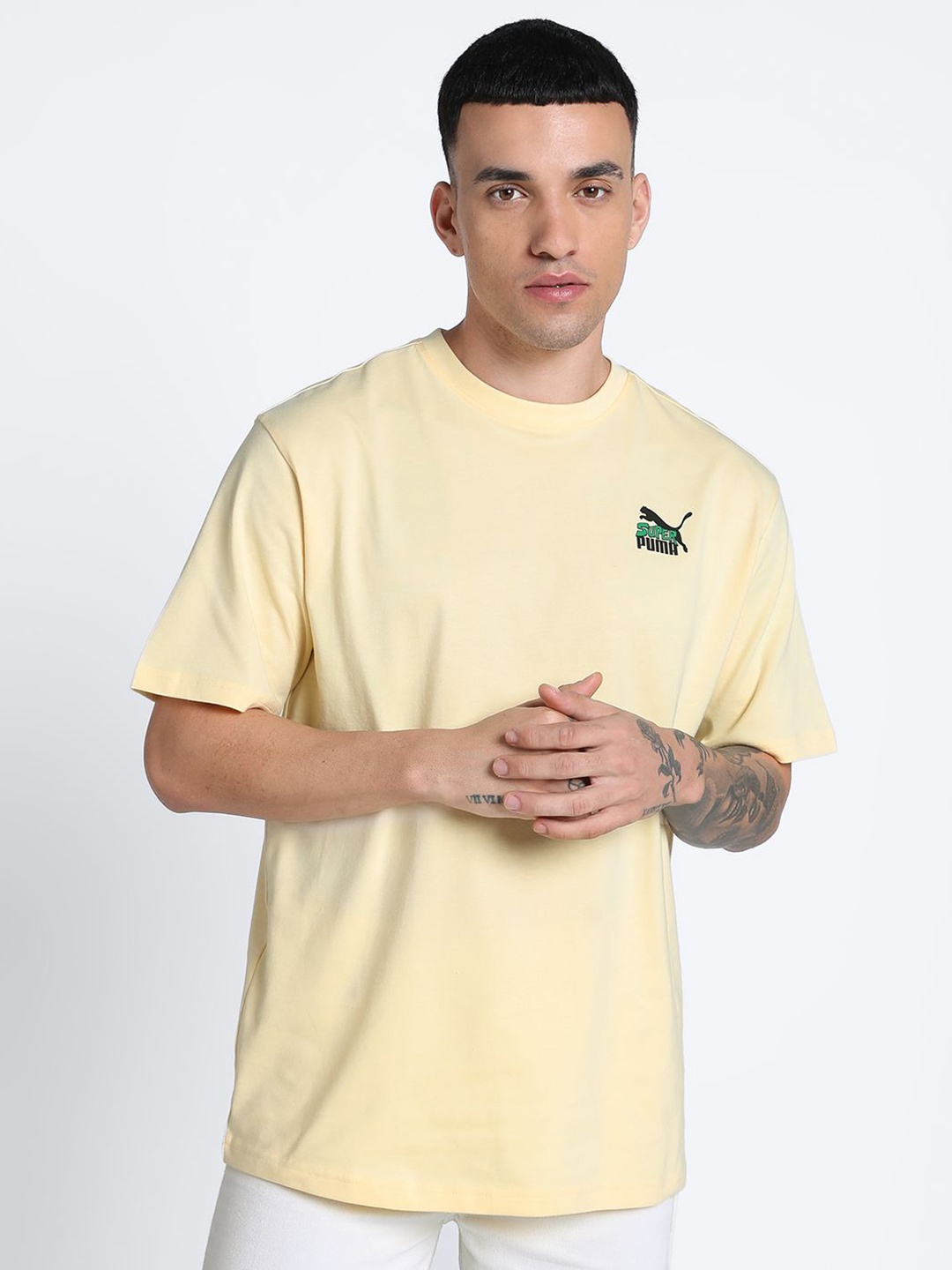 

Puma Super Graphic Printed Pure Cotton Relaxed Fit Round Neck T-Shirt, Yellow