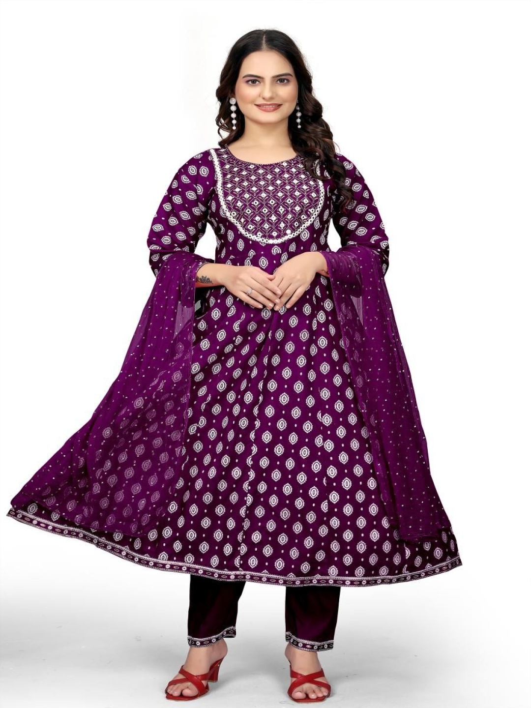 

FVD Women Floral Printed Regular Kurti with Salwar & With Dupatta, Purple