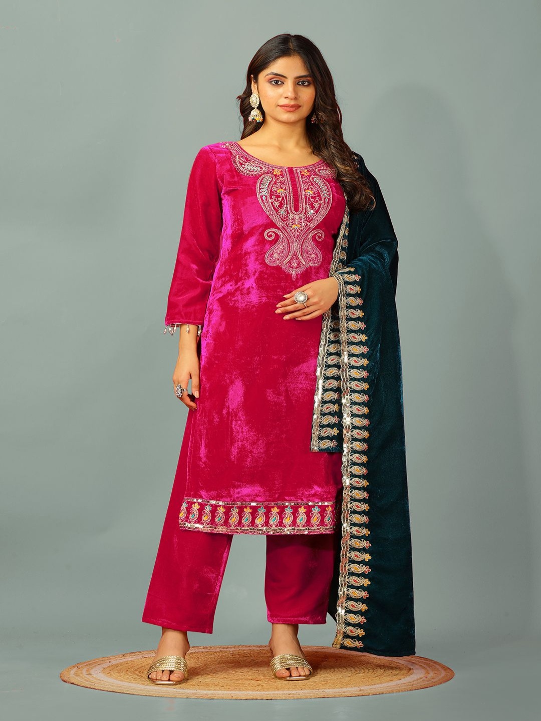 

Varsha Fashion Women Floral Embroidered Regular Thread Work Velvet Kurta with Trousers & With Dupatta, Pink