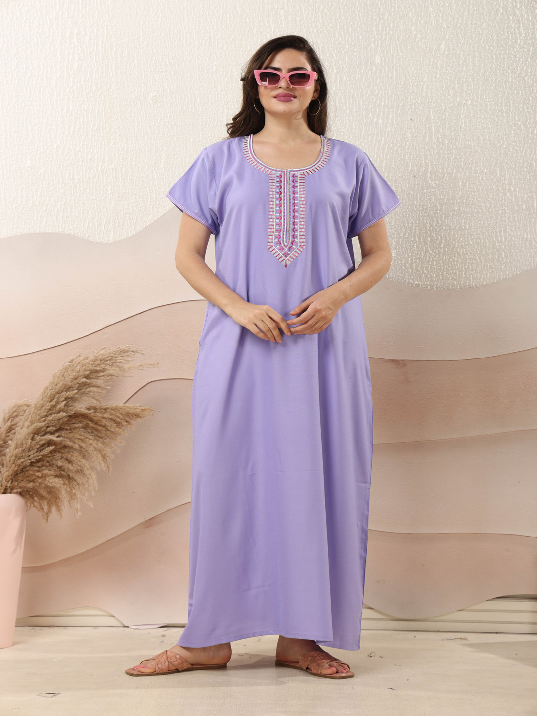 

EASY MOM Women Embroidered Maxi Cotton Nightdress, Lavender
