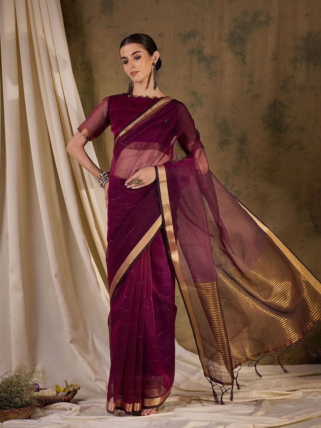 

KIMISHA Striped Sequinned Organza Saree, Purple