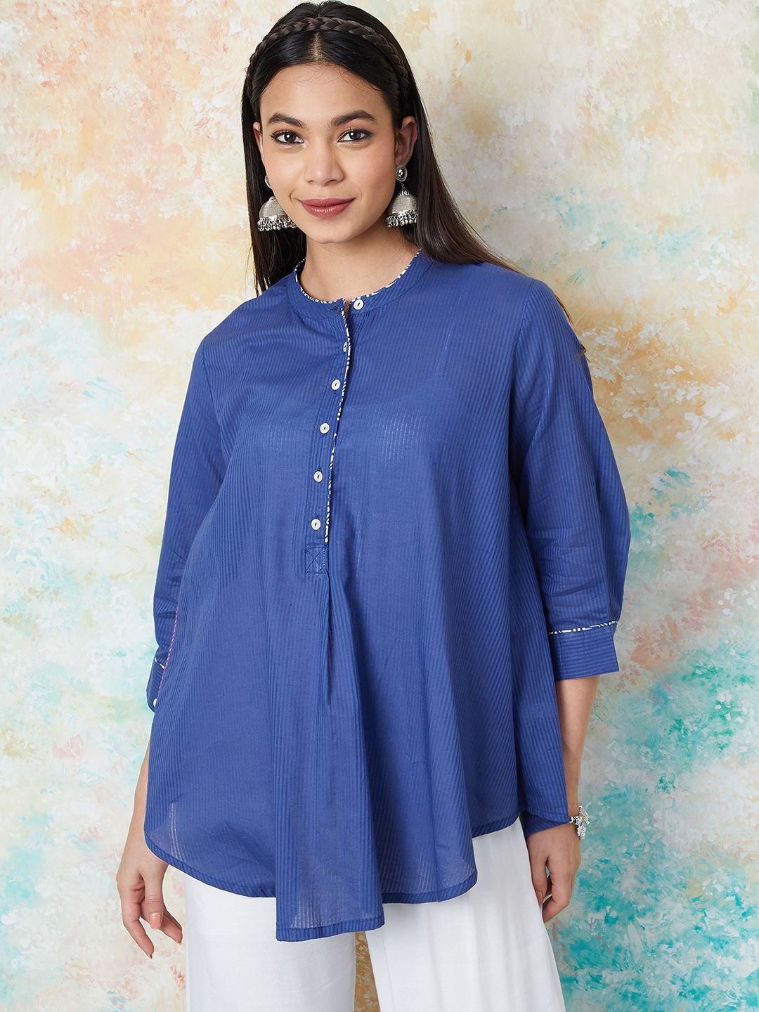 

Melange by Lifestyle Women Mandarin Collar Cotton Tunic, Blue