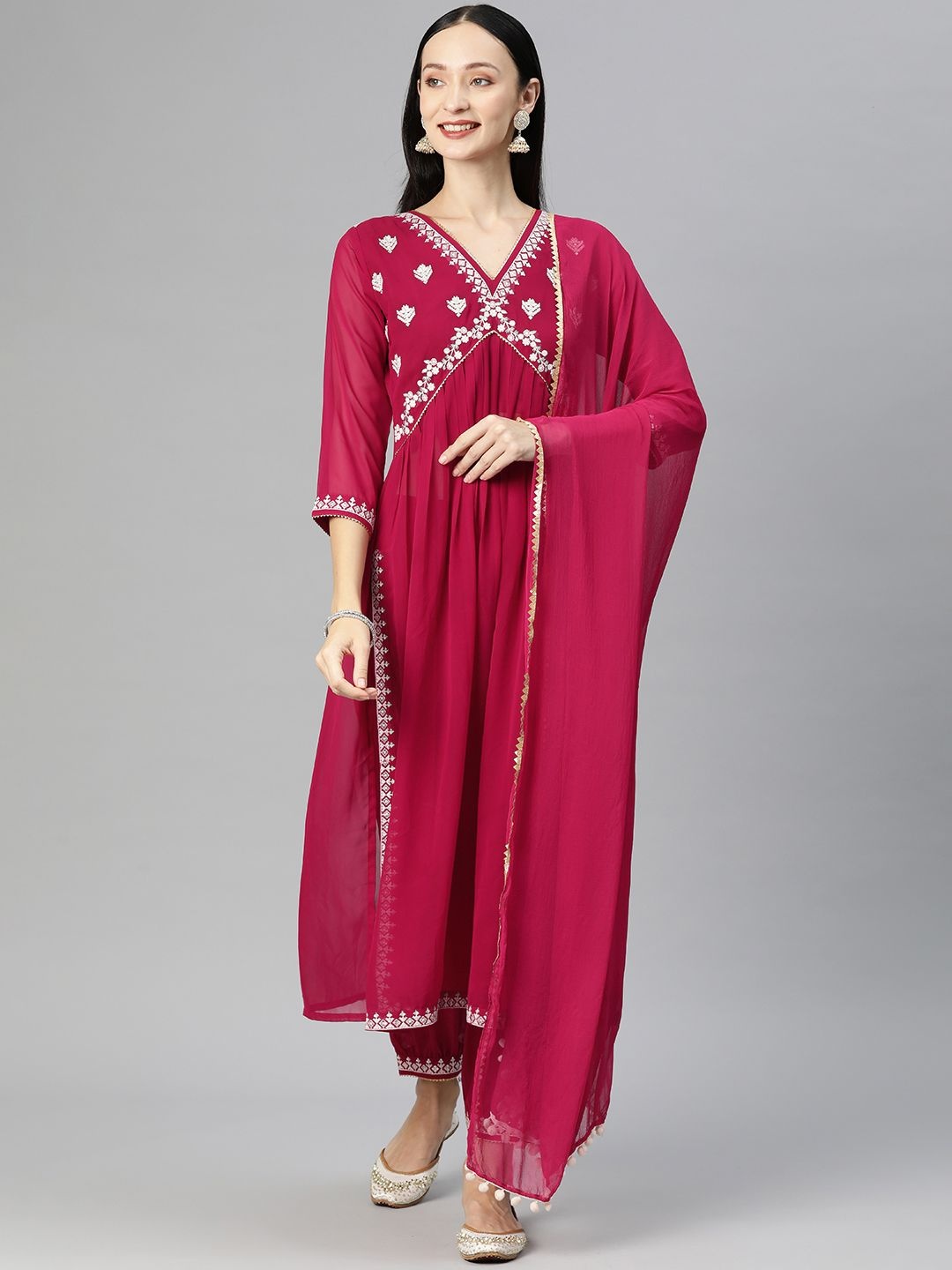 

KALINI Floral Embroidered Gotta Patti Georgette Aliya Cut Kurta With Trouser And Dupatta, Pink