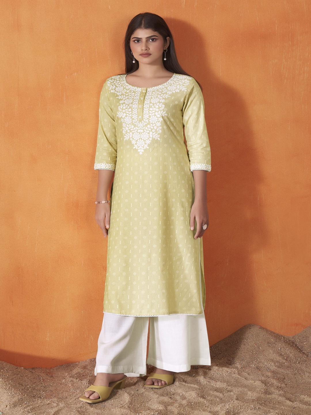 

Anouk Lime Green Ethnic Motifs Embroidered Round Neck Straight Kurta