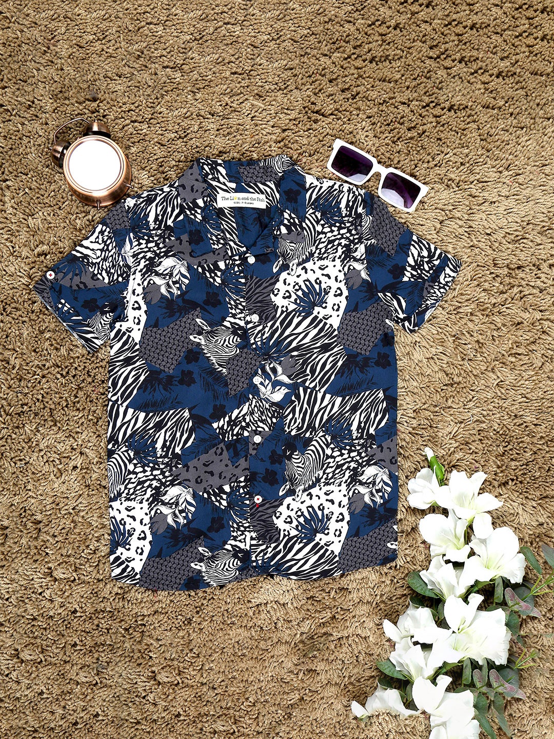 

The Lion and The Fish Boys Relaxed Fit Cuban Collar Animal Printed Casual Shirt, Blue