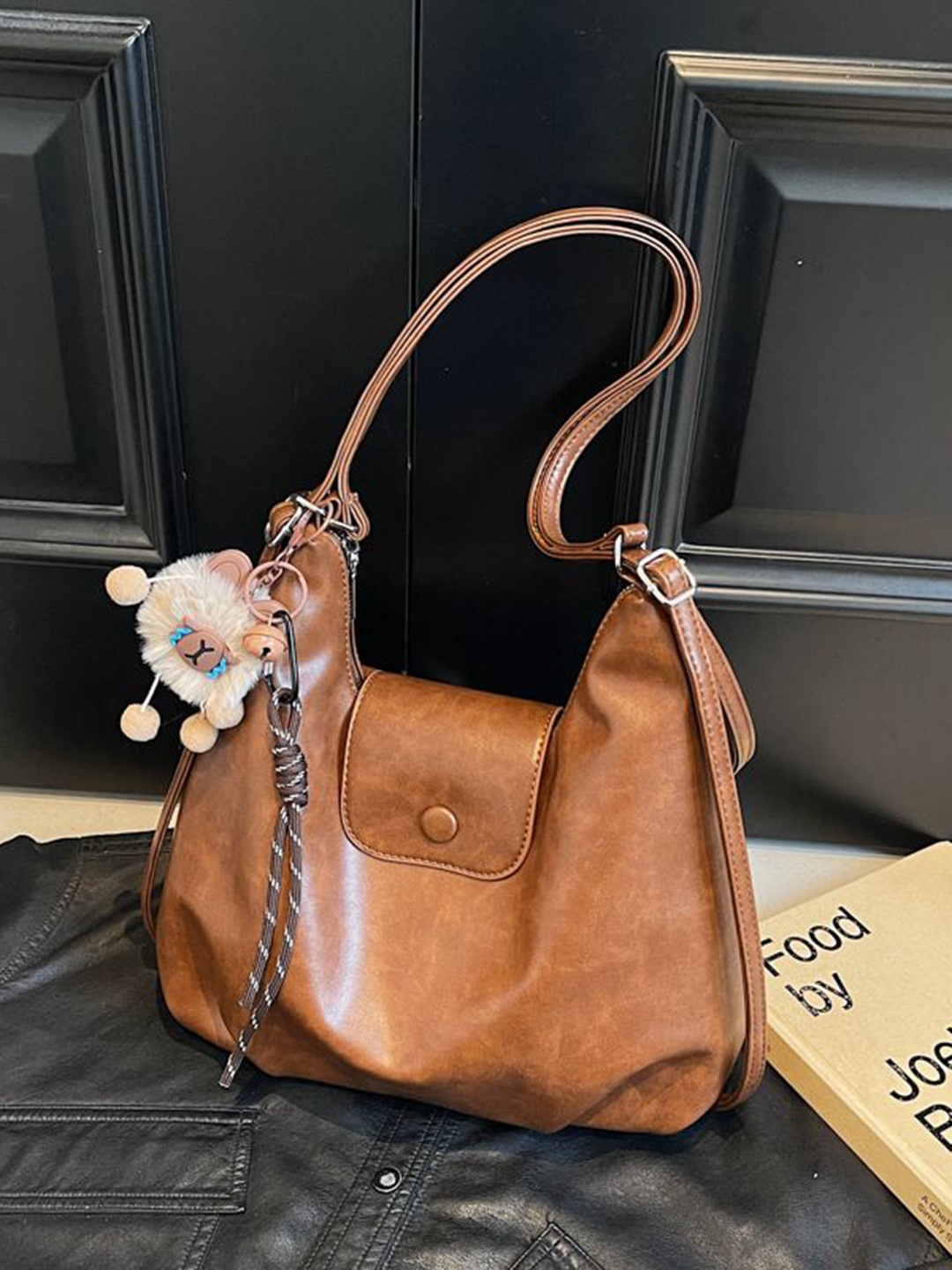 

StyleCast PU Bucket Shoulder Bag with Applique, Tan