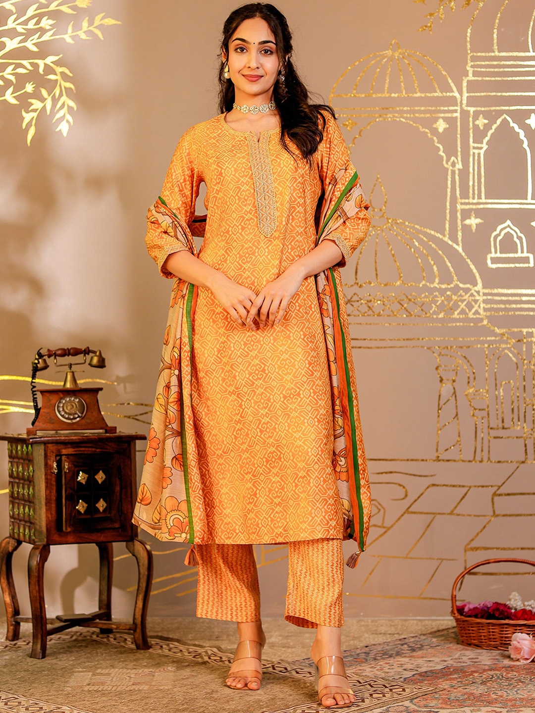 

VASVI Geometric Printed Notch Neck Modal Chanderi Straight Kurta With Trousers And Dupatta, Yellow