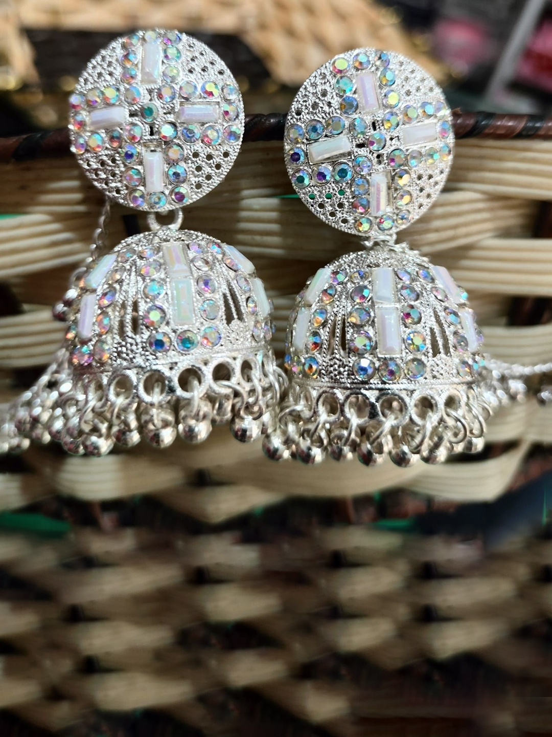 

JMBW INTERNATIONAL Sterling Silver Artificial Stones Studded And Beaded Dome Shape Jhumkas