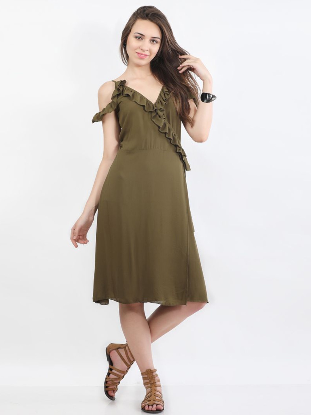 

DELIS Women Georgette Wrap Midi Dress, Green