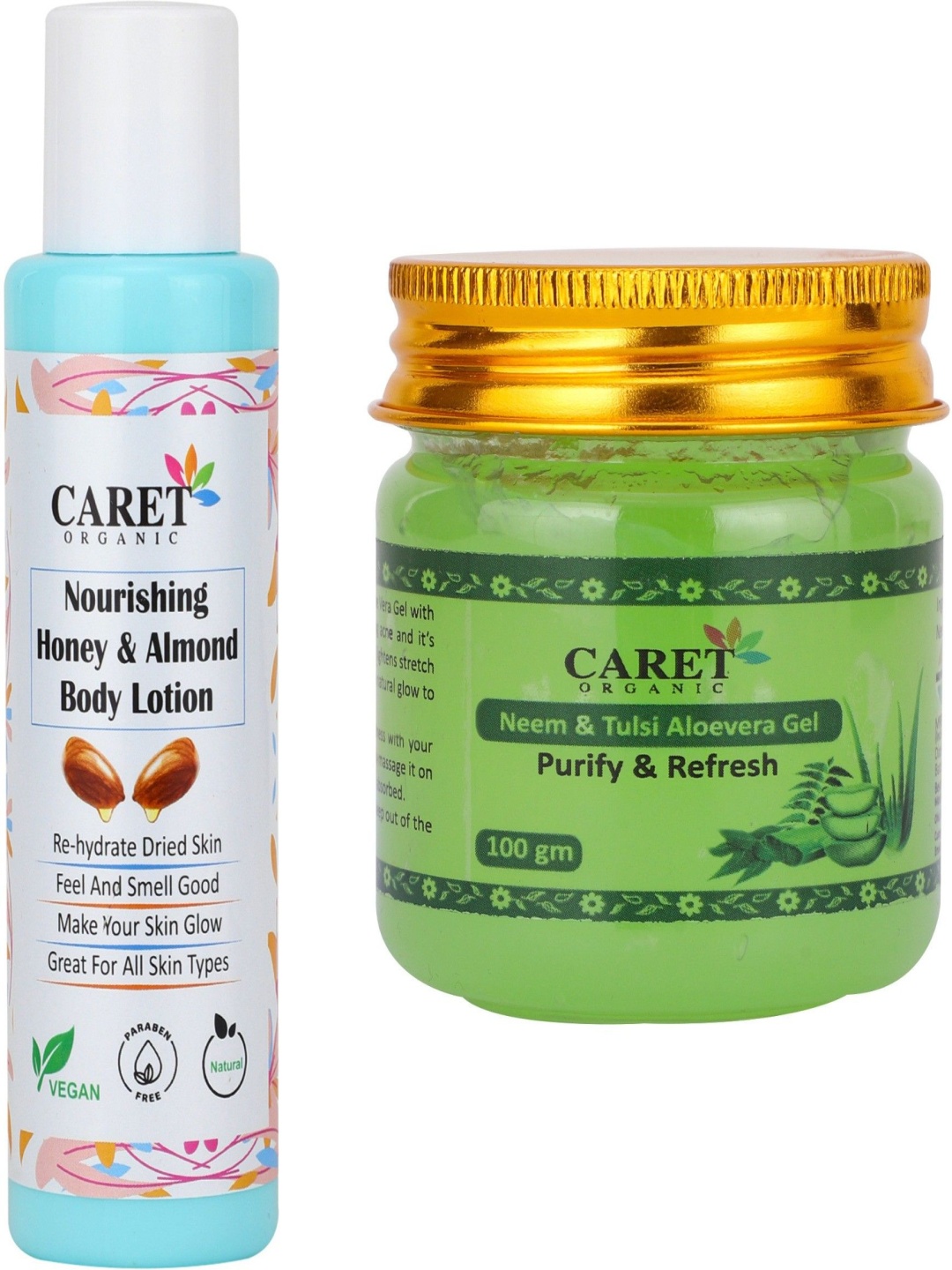 

CARET ORGANIC Set Of 2 Honey & Almond Body Lotion-100ml & Neem, Tulsi & Aloevera Gel- 100g, White