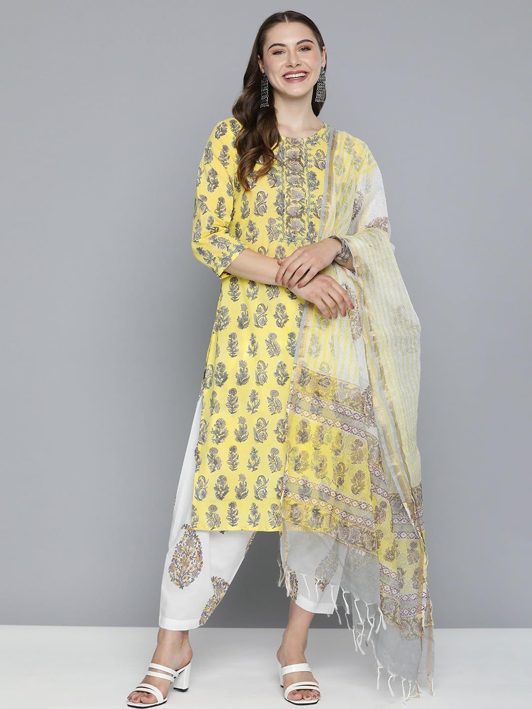 

13-Star Floral Printed Round Neck Pure Cotton Straight Kurta With Salwar & Dupatta, Yellow