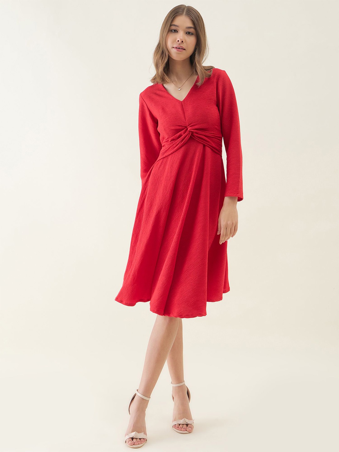 

OCTICS Women V - Neck A - Line Dress, Red