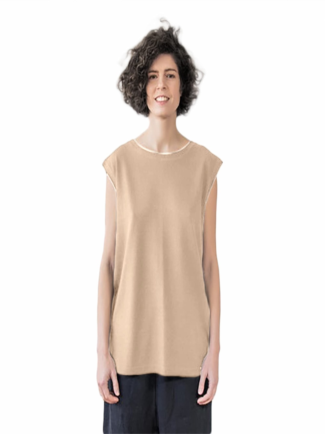 

NOTWILD Women Solid Round Neck Cotton T-shirt, Beige