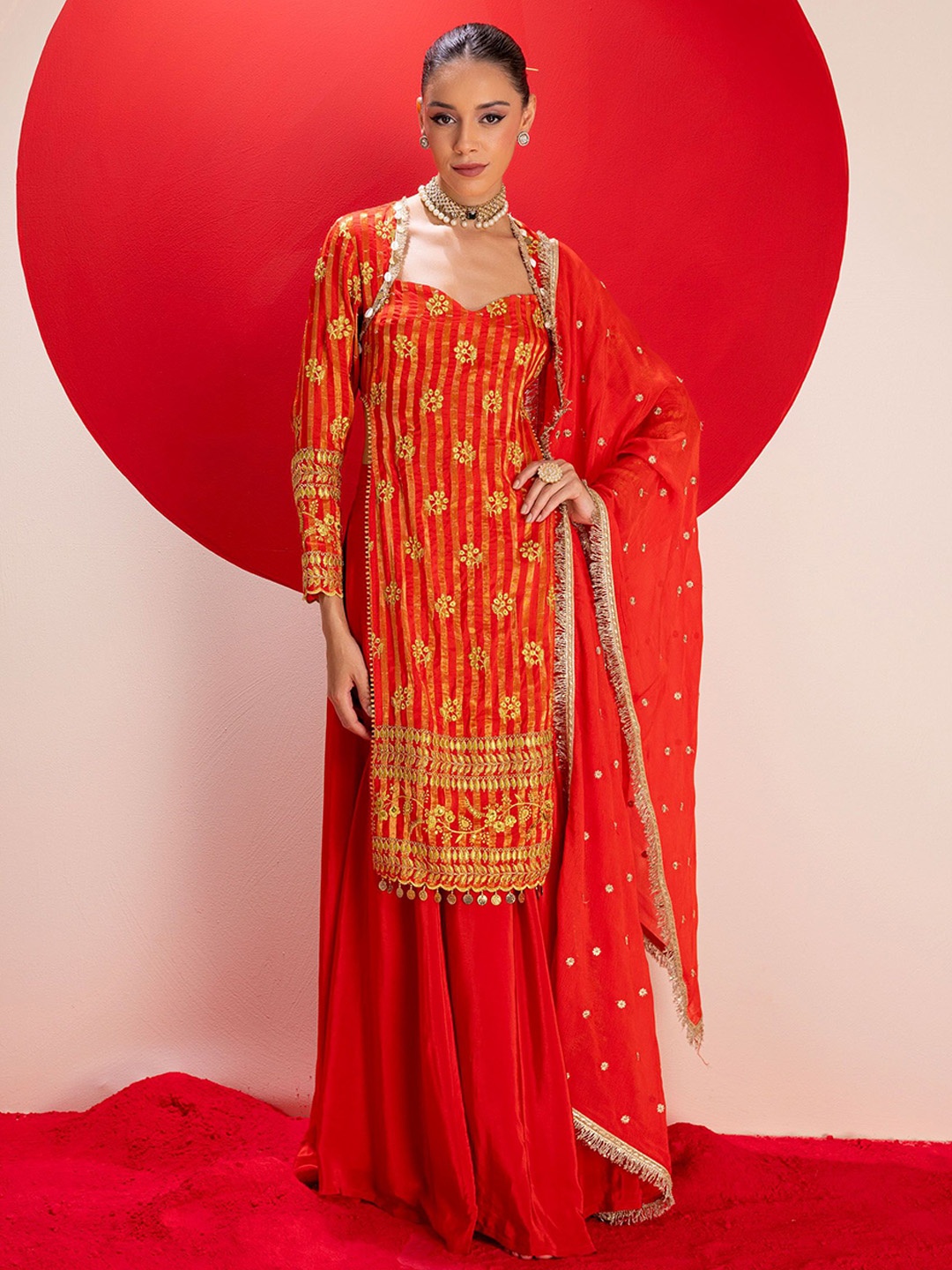 

SEW Women Floral Embroidered Sweetheart Neck Straight Kurta With Palazzos And Dupatta, Red