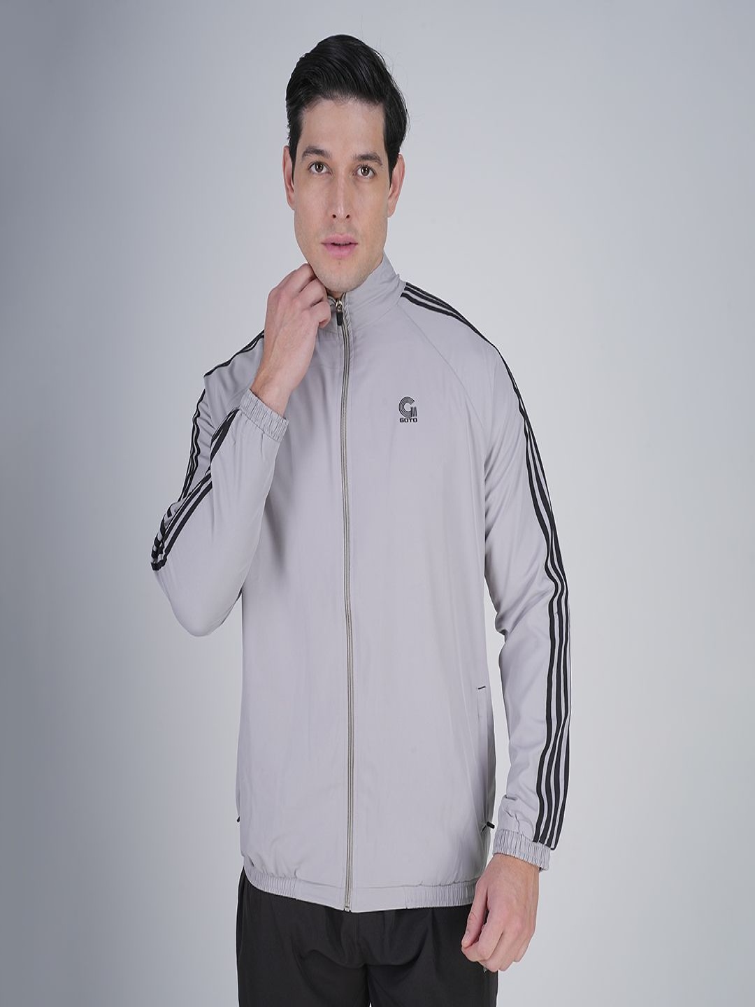 

GOTO Men Mock Collar Striped Casual Lightweight Bomber Jacket, Grey