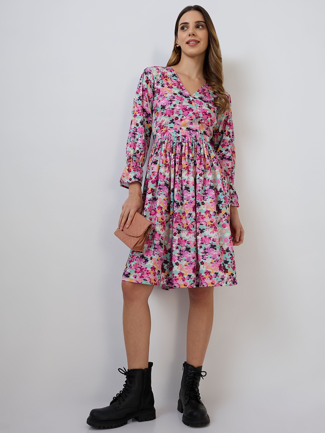 

DressBerry Women Floral Print Puff Sleeve Crepe Fit & Flare Dress, Purple