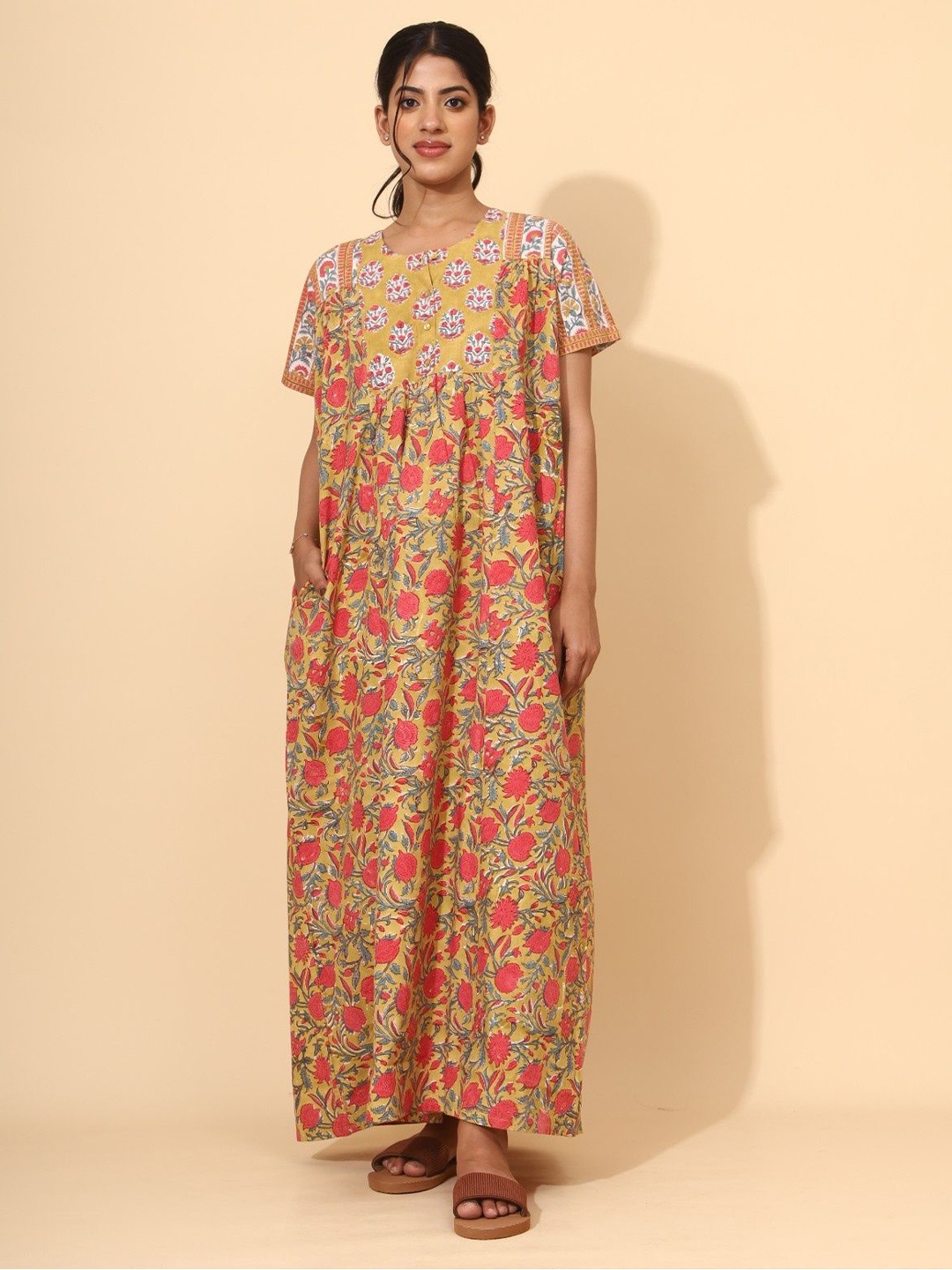 

YELLOW BLOOM Pure Cotton Printed Maxi Nightdress