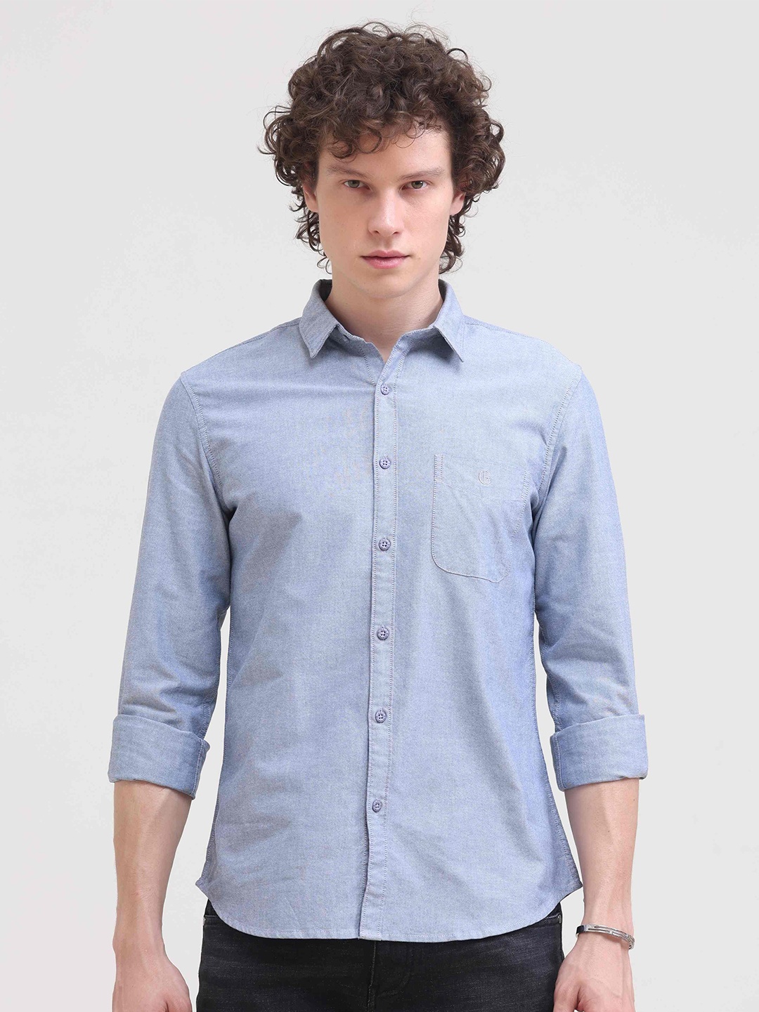 

Grit and Flair Men Comfort Regular Fit Spread Collar Solid Cotton Casual Shirt, Blue