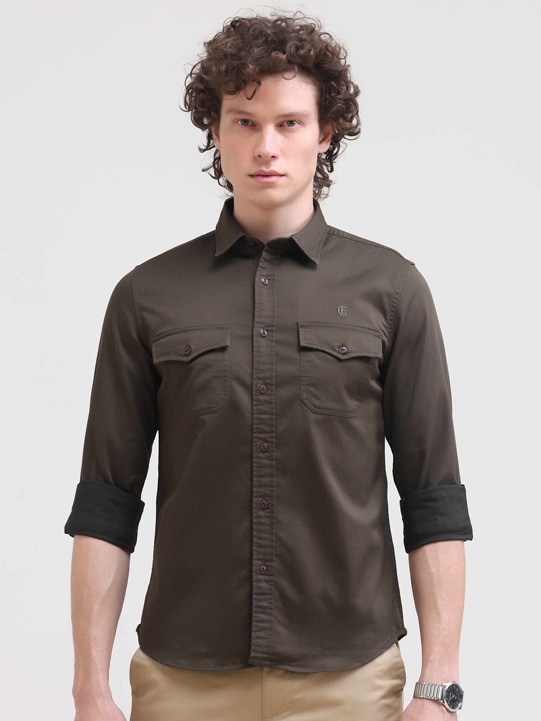 

Grit and Flair Men Comfort Fit Spread Collar Solid Cotton Casual Shirt, Olive