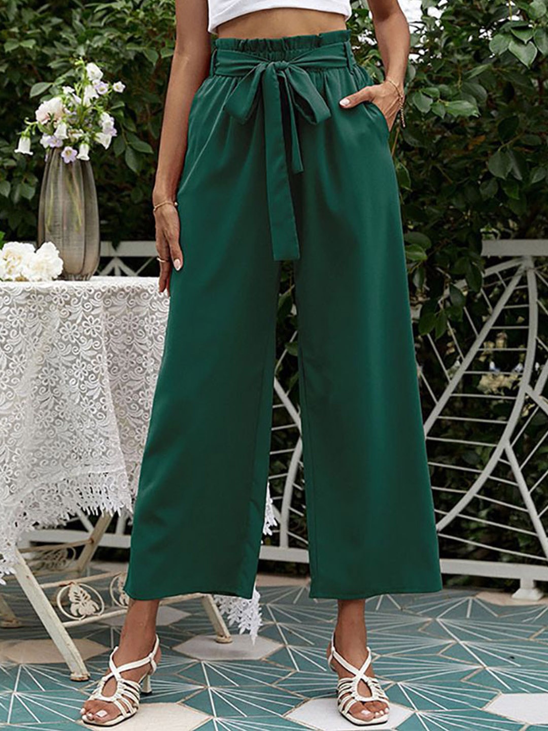 

StyleCast x Revolte Women Straight Fit Easy Wash Wide Leg Cropped Trousers, Green
