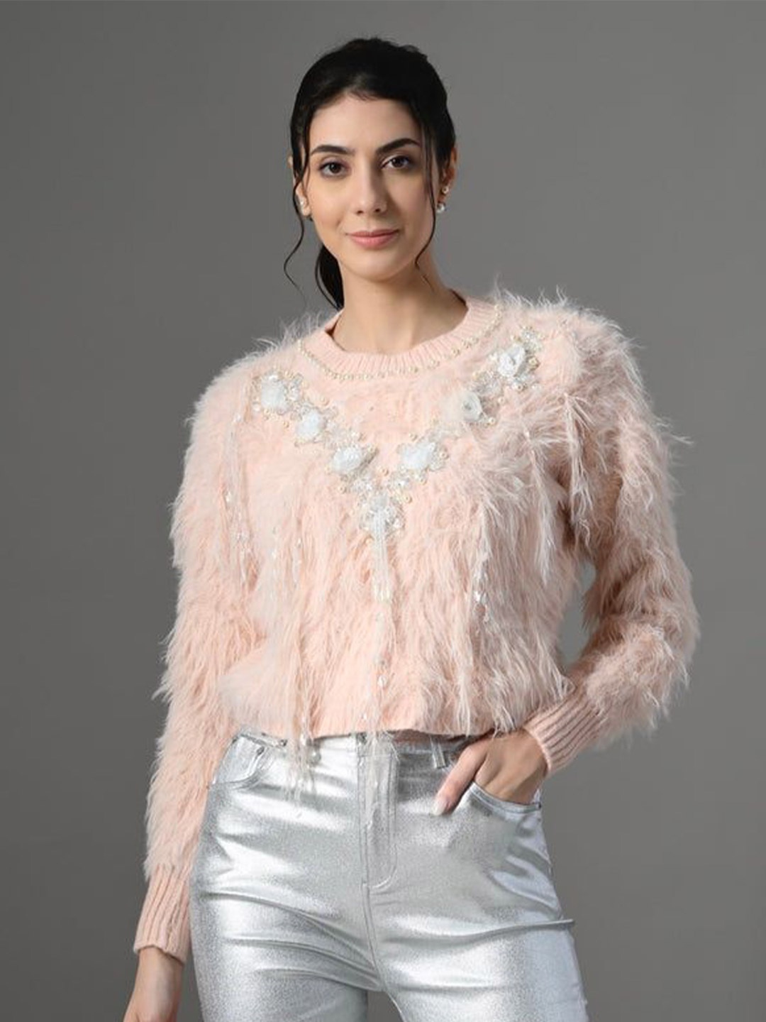 

PANKH Women Floral Woollen Pullover with Fuzzy Detail, Pink