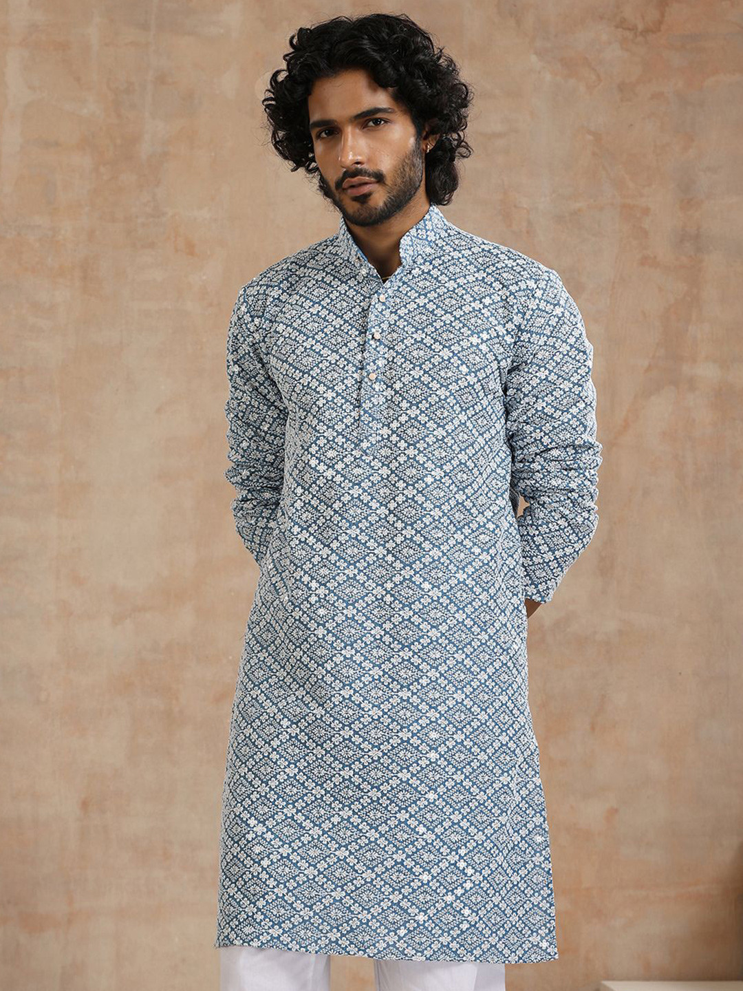 

House of Chikankari Floral Chikankari Printed Kurta, Blue