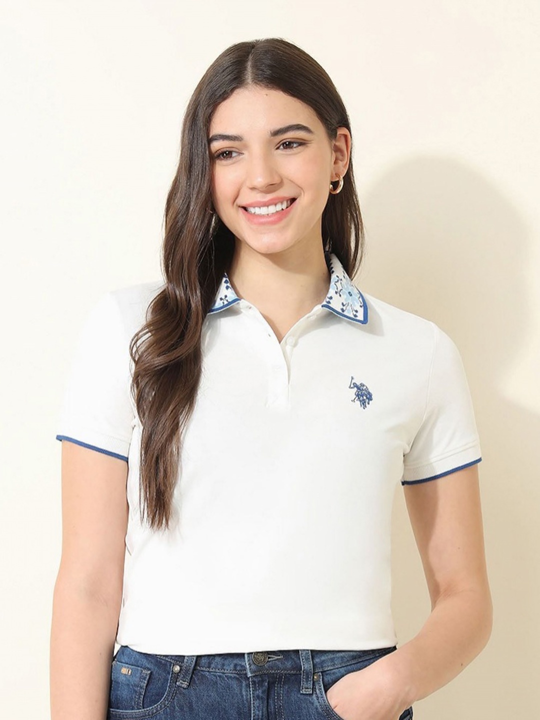 

U.S. Polo Assn. Women Solid Polo Collar Cotton T-shirt, White