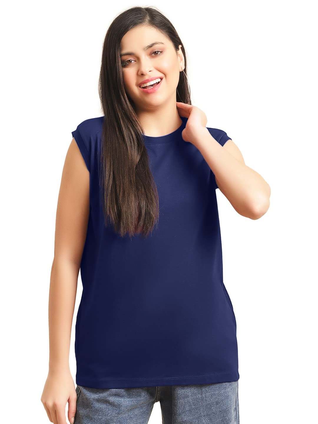 

NOTWILD Women Solid Round Neck T-shirt, Navy blue