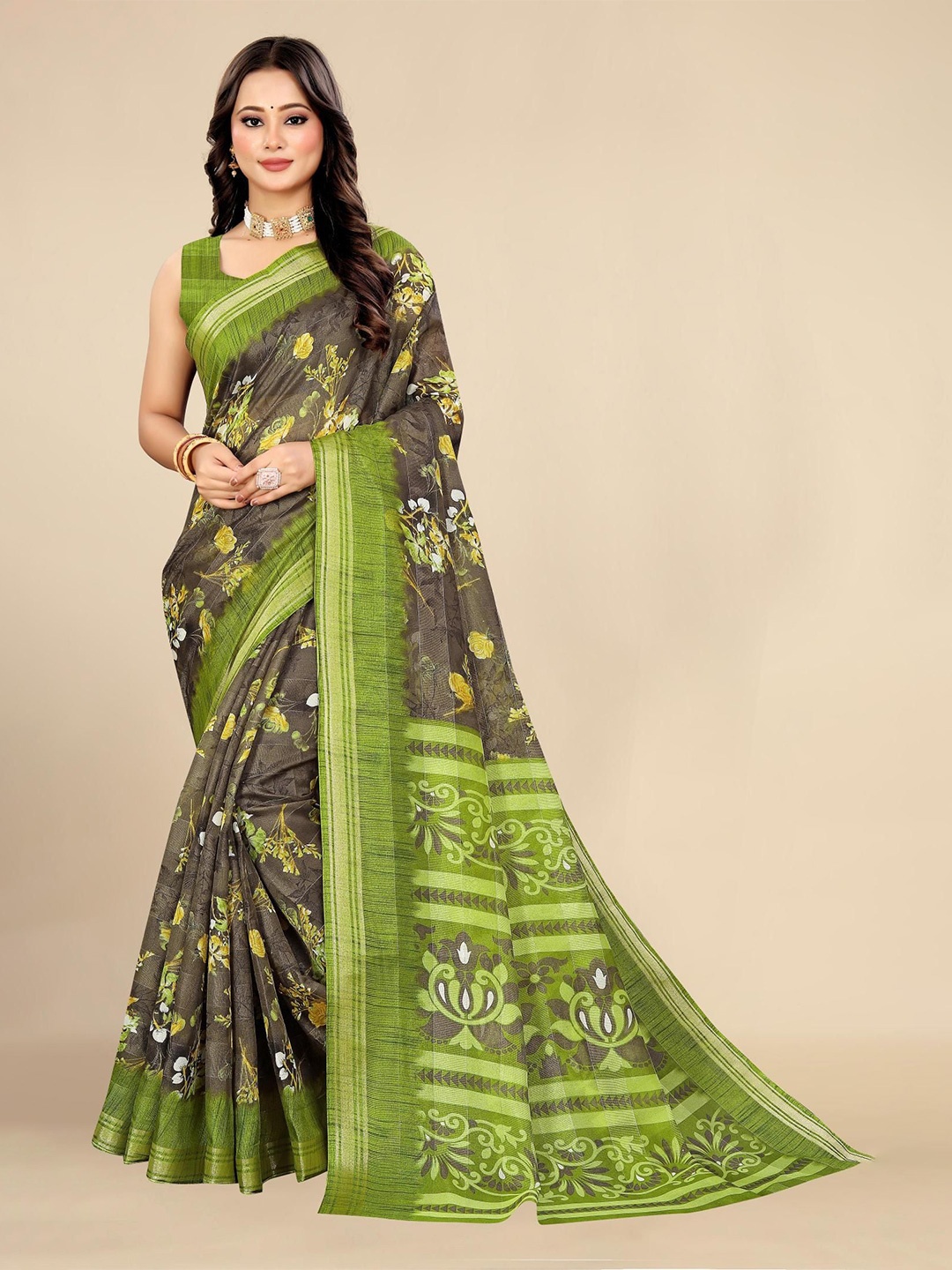 

Styleveda Floral Printed Zari Saree, Grey