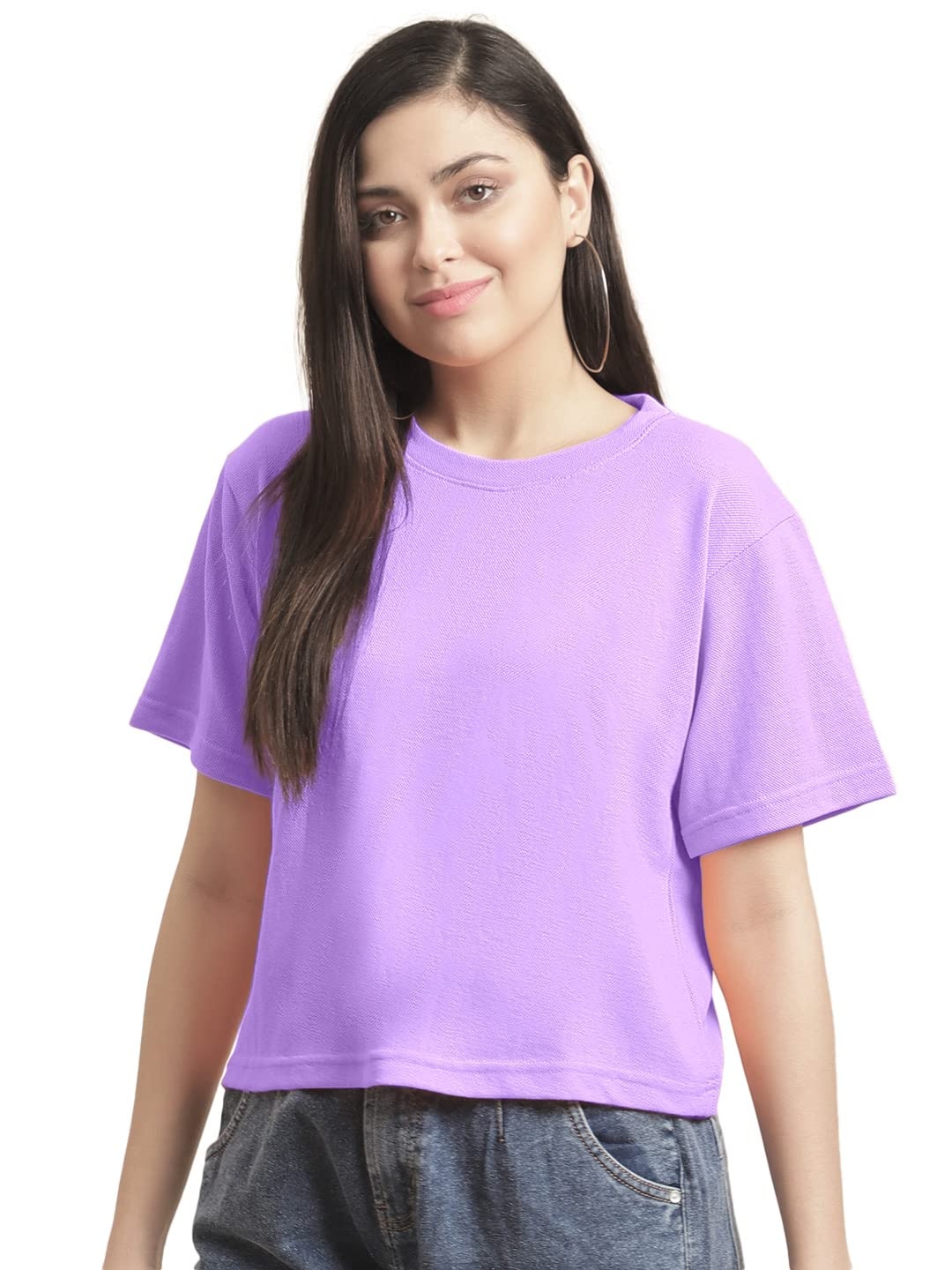 

NOTWILD Women Solid Round Neck Cotton Boxy T-shirt, Lavender