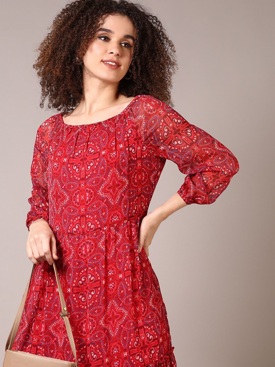

V-Mart Ethnic Motifs Print Puff Sleeve A-Line Dress, Red