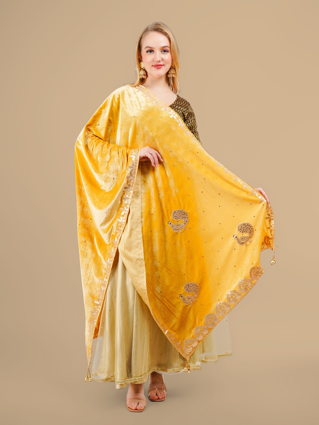 

Karthav Fashion Ethnic Motifs Embroidered Velvet Dupatta With Gotta Patti, Beige