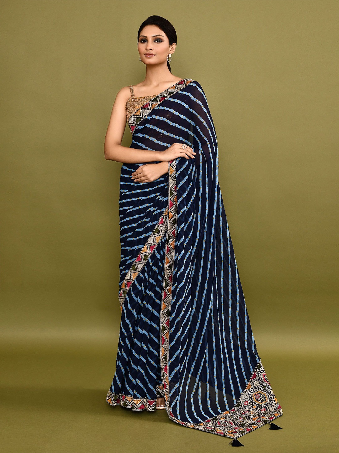 

Manu Designer Striped Embroidered Pure Georgette Saree, Blue