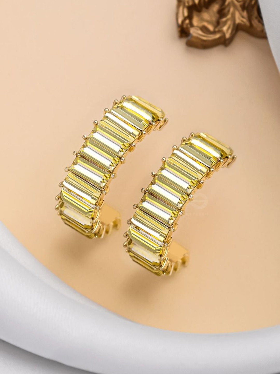 

EVERSTYLISH CRYSTAL GALAXIES Artificial Stones Studded Contemporary Half Hoop Earrings, Gold
