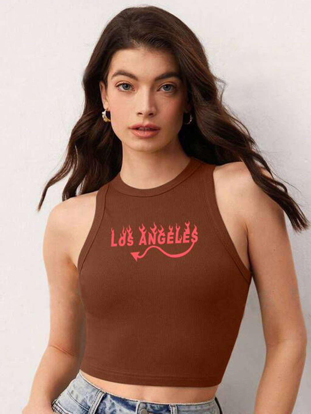 

The Roadster Lifestyle Co Printed Sleeveless Stretchable Crop Top, Brown