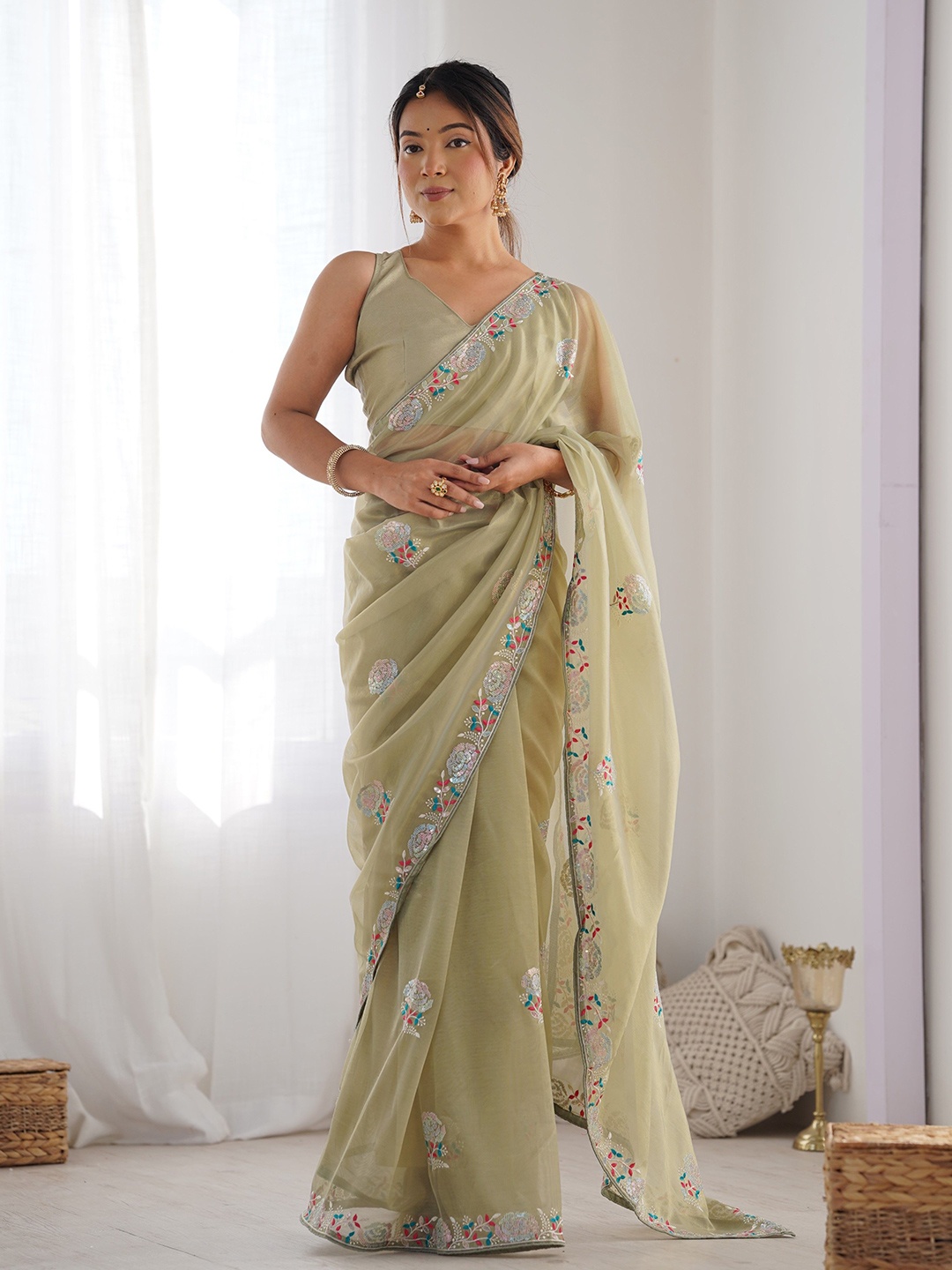

Manu Designer Floral Embroidered Beads and Stones Saree, Green