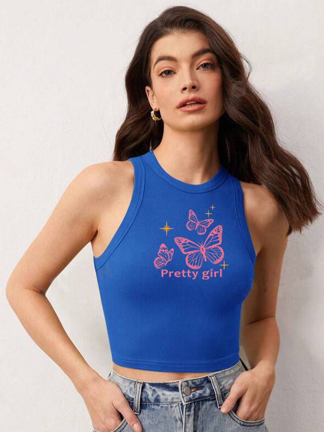 

The Roadster Lifestyle Co Printed Sleeveless Stretchable Crop Top, Blue