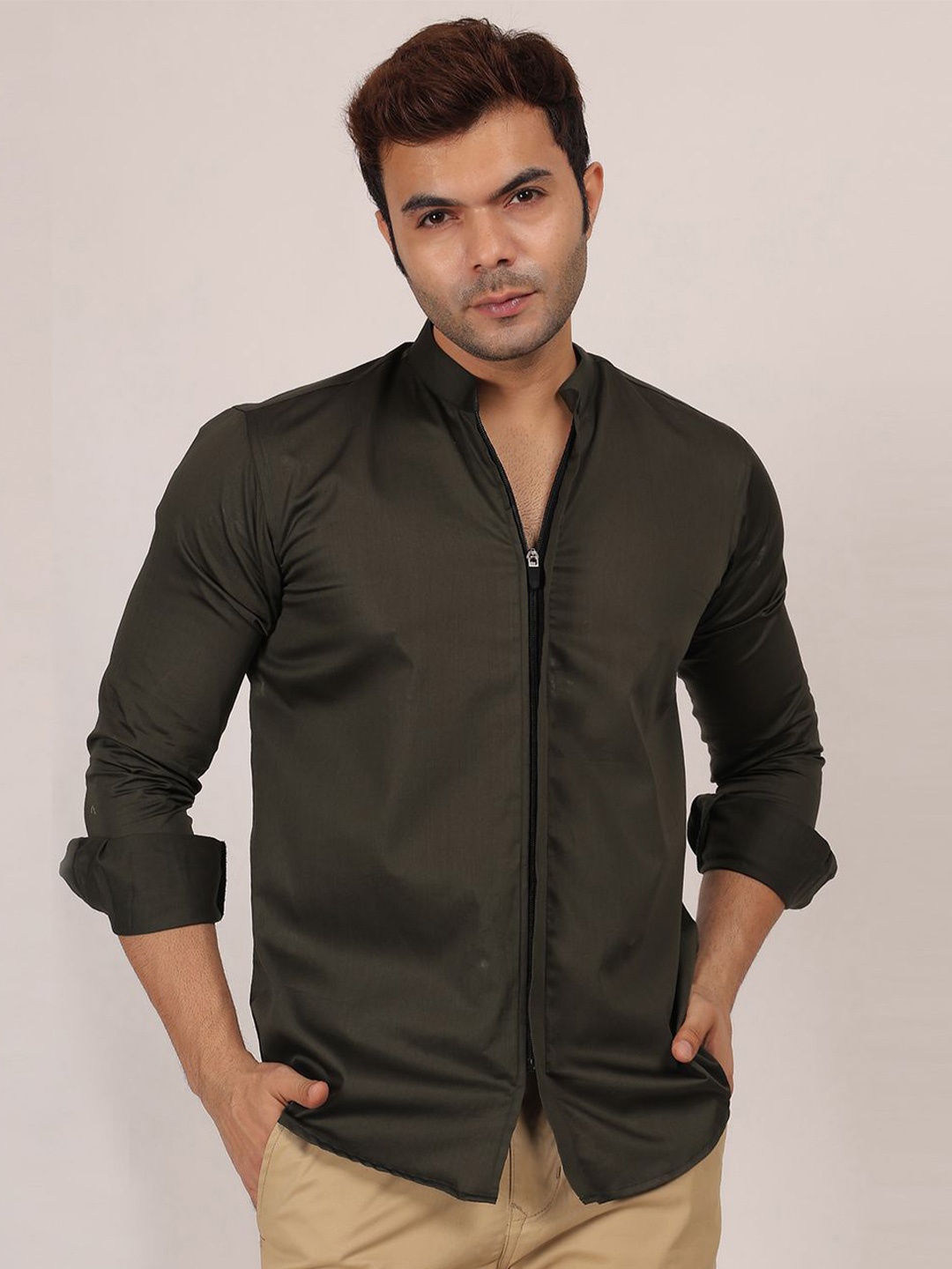 

Mculine Men Standard Fit Mandarin Collar Solid Cotton Casual Shirt, Olive