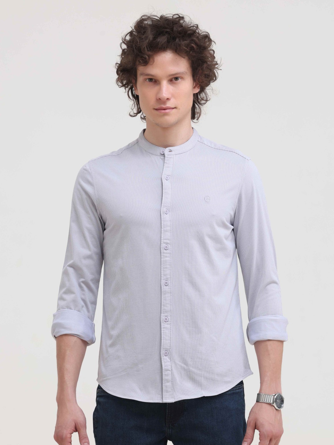

Grit and Flair Men Comfort Fit Band Collar Pinstripes Striped Cotton Casual Shirt, Blue