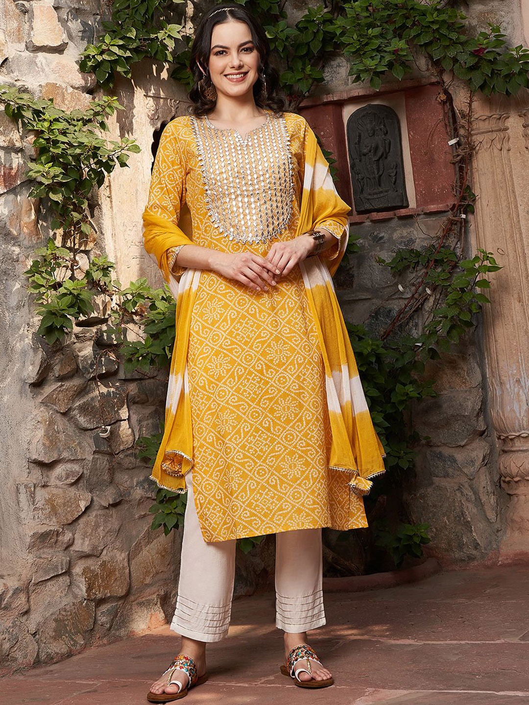 

Sangria Mustard Bandhani Gotta Patti Work Pure Cotton Kurta With Trousers & Dupatta